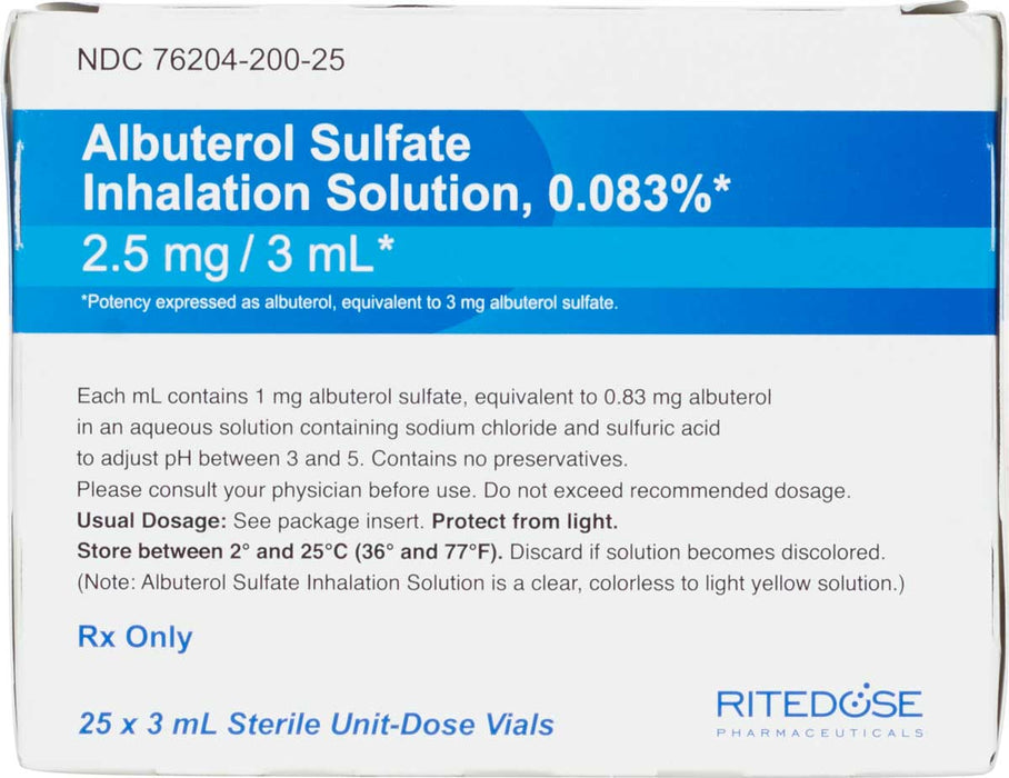 Rx Albuterol Inhalation Solution 0.083% 3ml x 25 ct Size 3ml