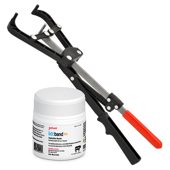 Tri-Band Bander Castration Kit with Lidoband Tri Pain-Relief Lidocaine Bands for Cattle