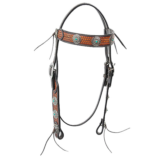 Cody Pro Turquoise Concho  Browband Headstall with Basketweave Tooling Color Brown