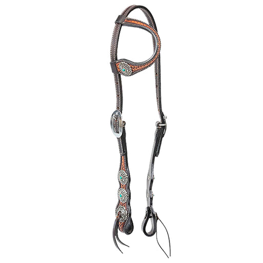 Cody Pro Turquoise Concho One Ear Headstall with Basketweave Tooling Color Brown