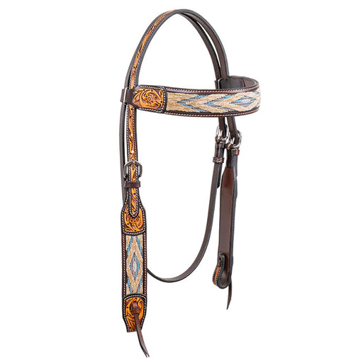 Cody Pro Blue & Beige Inlay Browband Headstall with Floral Tooling Color Brown