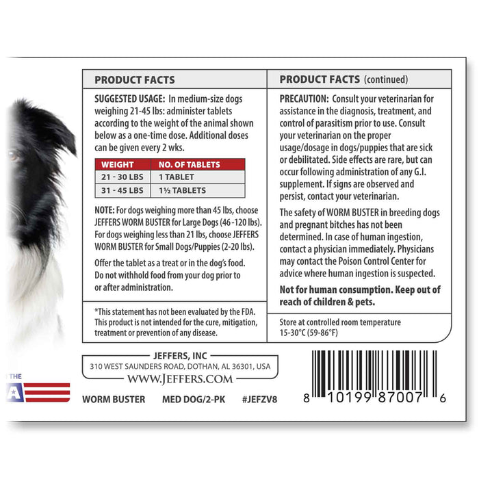 Jeffers Worm Buster Dog Dewormer Flavored Tablets