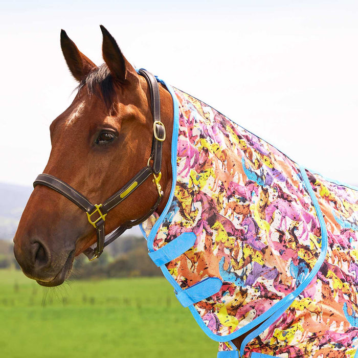 WeatherBeeta Saxon Combo Neck Mesh Fly Sheet with Belly Wrap, Technicolor Horses Color Multi