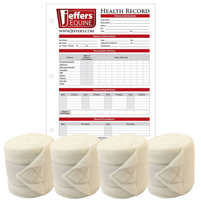 Jefers Horse Fleece Polo Wraps - Reusable Set of 4 and 1 Pack of Equine Health Record Color White