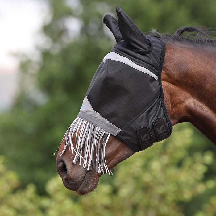 Flyguard Pro Fine Mesh Fly Mask with Ears & Nose Fringe, Black Color black