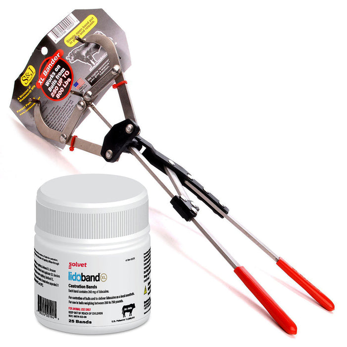 XL Bander with Lidoband XL Pain-Relief Lidocaine Castration Bands for Cattle, Humane Castration Kit, Plier-Type Applicator