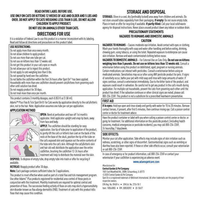 ADAMS Plus Flea & Tick Spot On for Cats, 3 Month Supply - FAAAU - Cats 5 lbs and Over - 3 ct (3 Month Supply) - 7