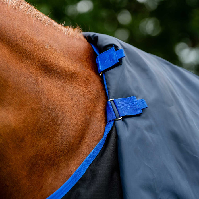 Amigo Ripstop 900D Plus Horse Turnout Blanket - 200g Medium Weight, Waterproof with Detachable Hood - FOXAQ - Black / Blue Trim - 66" - 2