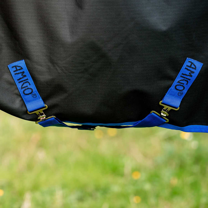 Amigo Ripstop 900D Plus Horse Turnout Blanket - 200g Medium Weight, Waterproof with Detachable Hood - FOXAQ - Black / Blue Trim - 66" - 4