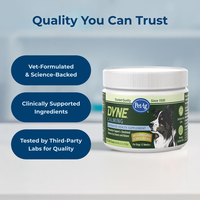 PetAg Dyne Soft Chews Calming Support and Stress Relief from Loud Noises, Travel & Separation Non-Sedative, Chicken Liver Flatvored, 60 Count Size 60 ct.