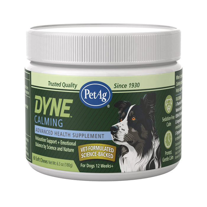 PetAg Dyne Soft Chews Calming Support and Stress Relief from Loud Noises, Travel & Separation Non-Sedative, Chicken Liver Flatvored, 60 Count Size 60 ct.