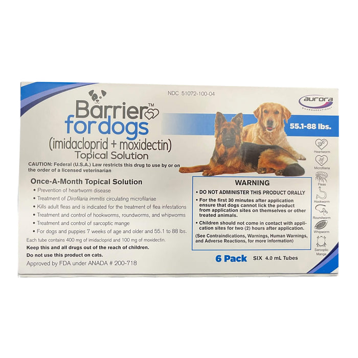 Barrier (imidacloprid + moxidectin) Once - a - month Topical Solution for Dogs - 012AUR-739564 - 55.1 - 88 lbs - 6 ct (6 Month Supply) - 1