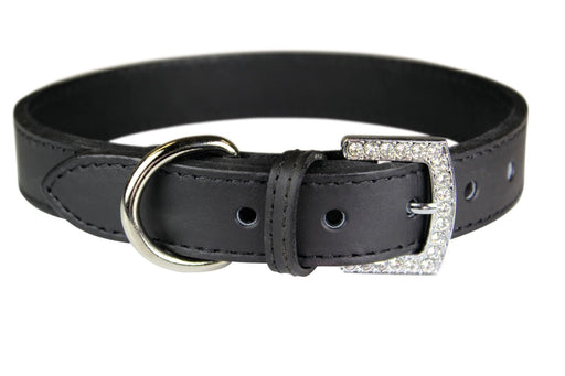 Crystal Buckle Made in USA Leather Dog Collar - LY3B - Black - 1