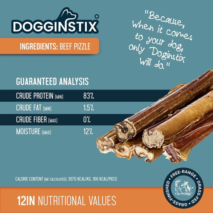 Dogginstix Bully Stick Dog Chew, All - Natural, Grass - Fed Beef, Odor - Free - DG2F - 12"L - Jumbo - 19