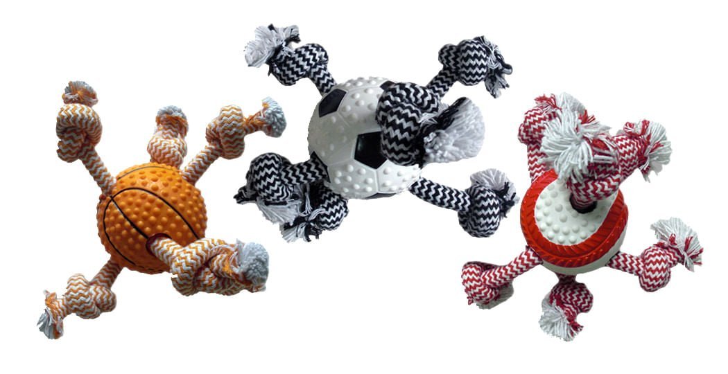 Doglucent TPR Ball with Rope Dog Toy – 9" Tug & Chew Toy (Assorted Sports Styles, 1 Count) - MR1BZ - 9" - 1 ct - 1