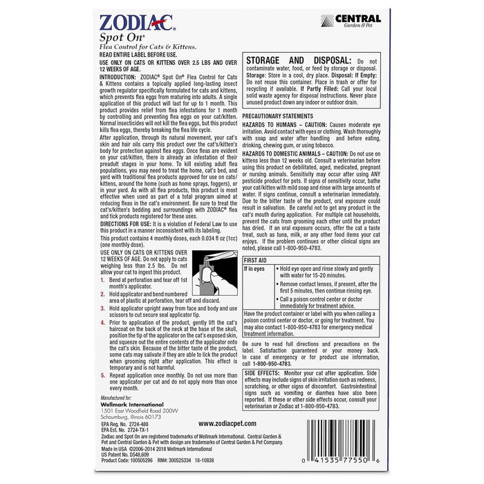 Zodiac Spot On Plus Flea & Tick Control for Cats 5 lbs and Over, 4 Pack