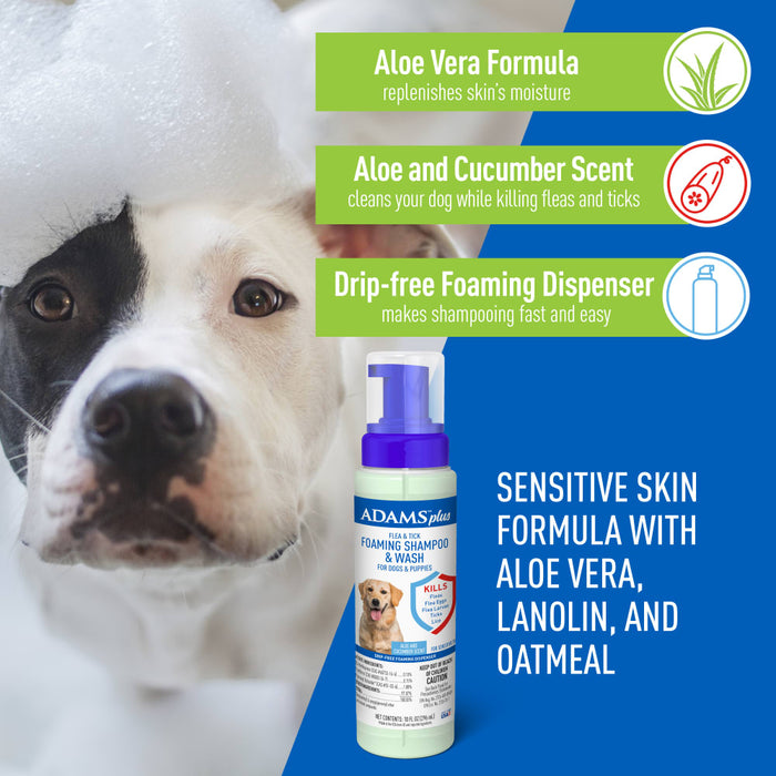 ADAMS Plus Flea & Tick Foaming Shampoo & Wash for Dogs & Puppies Over 12 Weeks, Sensitive Skin Flea Treatment, 10 oz