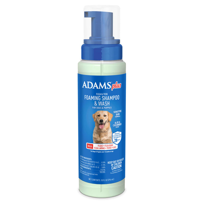 ADAMS Plus Flea & Tick Foaming Shampoo & Wash for Dogs & Puppies Over 12 Weeks, Sensitive Skin Flea Treatment, 10 oz