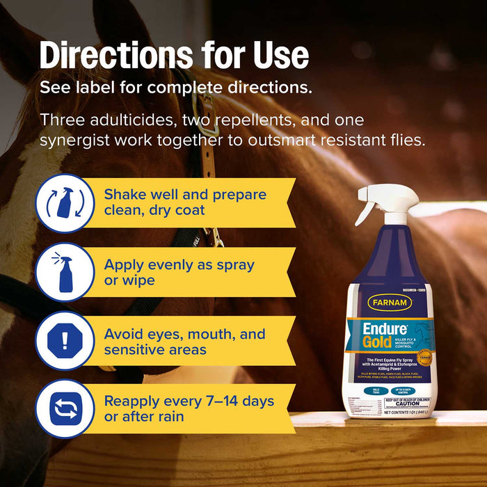 Farnam Endure Gold Killer Fly & Mosquito Spray for Horses - FAZA - 32 oz Spray - 7