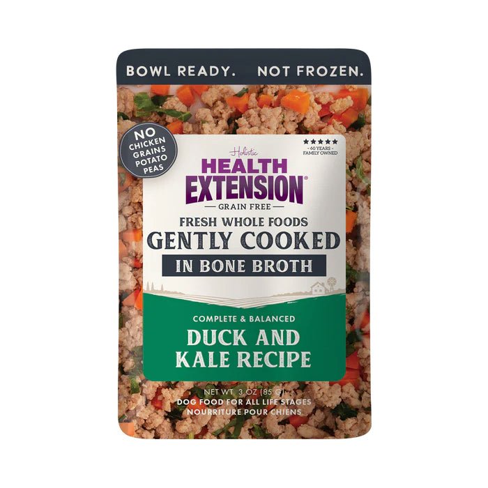 Health Extension Grain - Free Dog Food Pouches - Gently Cooked in Bone Broth - HE2AZ - Duck & Kale - 3 oz - 1 Pouch - 15
