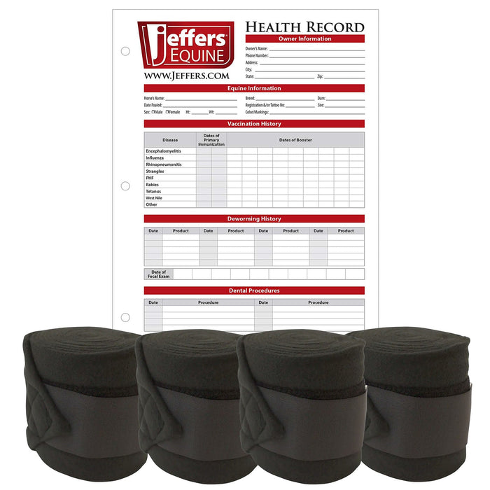 Jefers Horse Fleece Polo Wraps - Reusable Set of 4 Wraps and 1 Equine Health Record - NEWB-KIT - 4 Fleece Polo Wraps & 1 Health Record - Black - 1