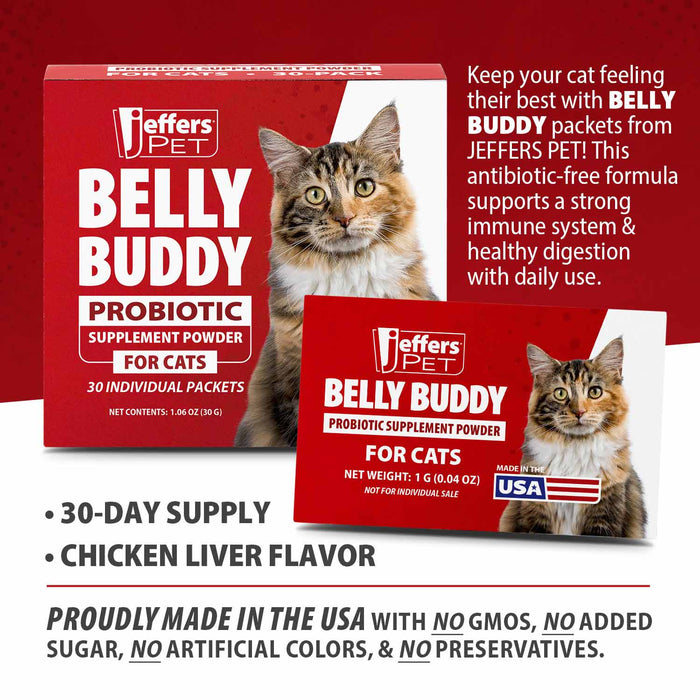 Jeffers BELLY BUDDY Probiotic Supplement Packets for Cats – Multi - Strain Digestive & Immune Support - JEFZVF - Chicken Liver - 30 ct - 3