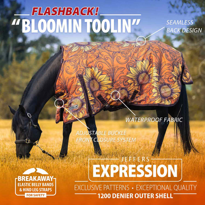 Jeffers Expression 1200 Denier Standard Neck Turnout Horse Blanket, 240 Gram - JEF2SH - Bloomin' Toolin' - 66" - 14