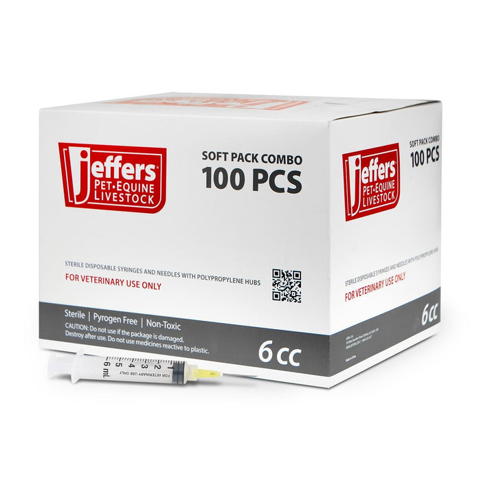 Jeffers Luer Lock Syringe/Needle Combo, Box of 100 - XQE5 - Luer Lock - 6 mL L.L. w/ 20 ga x 1" - 10