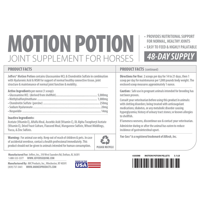 Jeffers Motion Potion Joint Supplement Pellets for Horses - JAXM8 - 3.1 lbs - Up to 48 servings - 5