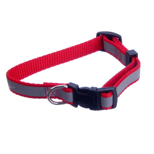 Jeffers Reflective Safety Stripe Adjustable Nylon Dog Collar – Glow - in - the - Dark for Night Visibility - IDE6 - 5/8"W x 10" - 16"L - Red - 2