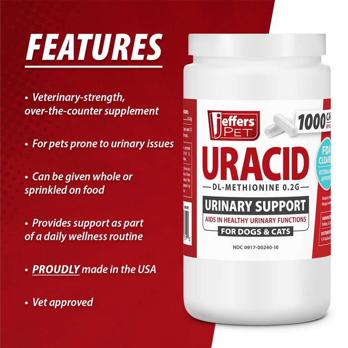 Jeffers Uracid DL - Methionine 0.2g Capsules for Dogs & Cats – Supports Urinary Tract, Reduces Urine Odor, Prevents Stones - JEFBB8 - 1000 Capsules (Up to 333 Day Supply) - 6