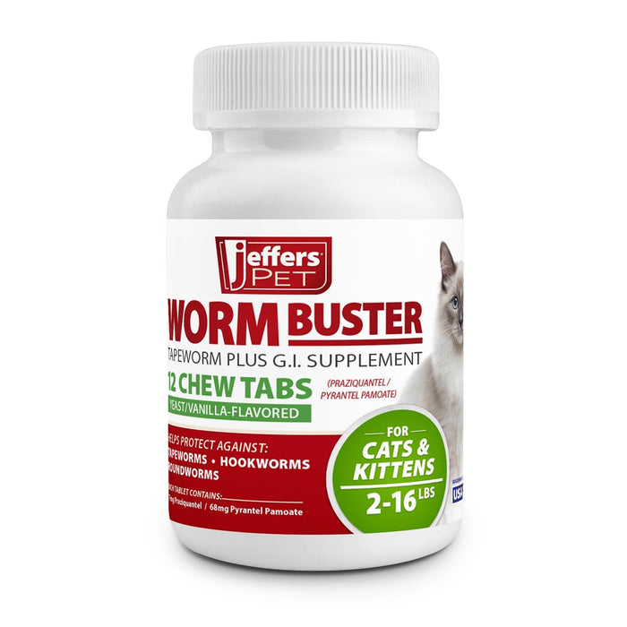 Jeffers WORM BUSTER Cat Dewormer Flavored Tablets with Praziquantel & Pyrantel - JEFZVD - 2 - 16 lbs - Yeast/Vanilla - 12 tabs - 7