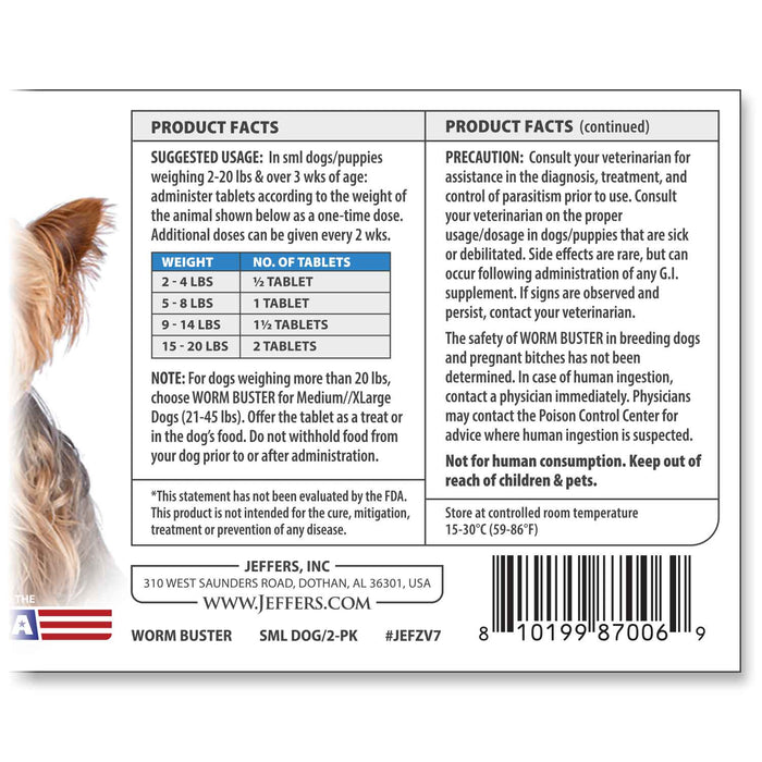 Jeffers Worm Buster Dog Dewormer Flavored Tablets - JEFZV7 - For Small Dogs & Puppies (2–20 lbs) - Beef - 2 tabs - 3