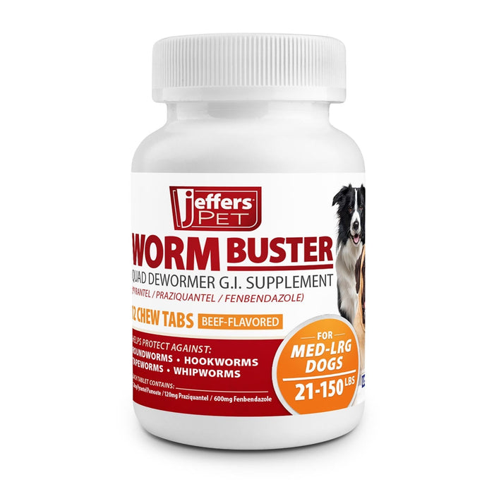 Jeffers Worm Buster Dog Dewormer Flavored Tablets - JEFZVB - For Medium - Large Dogs (21–150 lbs) - Beef - 12 tabs - 16