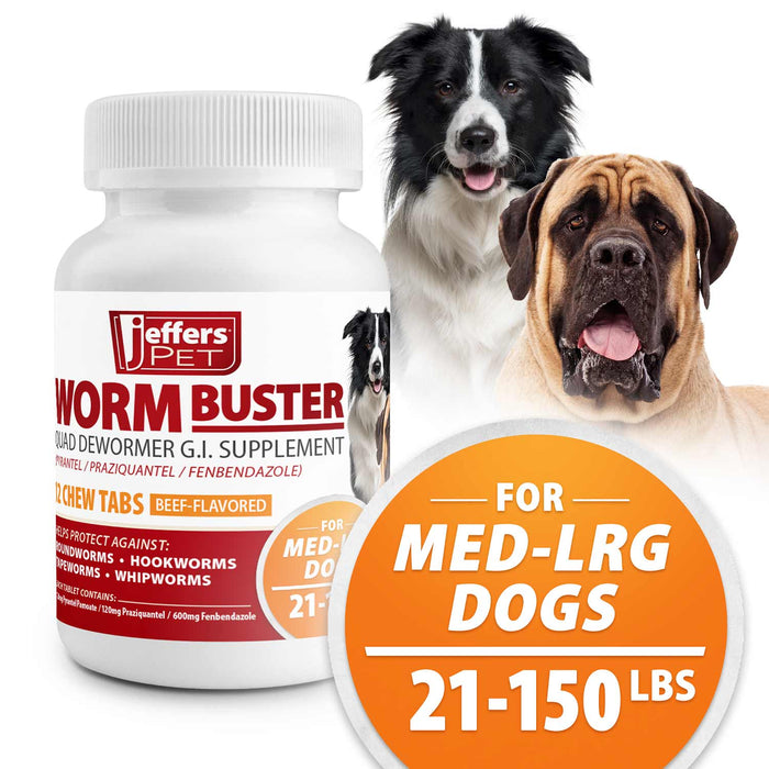 Jeffers Worm Buster Dog Dewormer Flavored Tablets - JEFZVB - For Medium - Large Dogs (21–150 lbs) - Beef - 12 tabs - 17