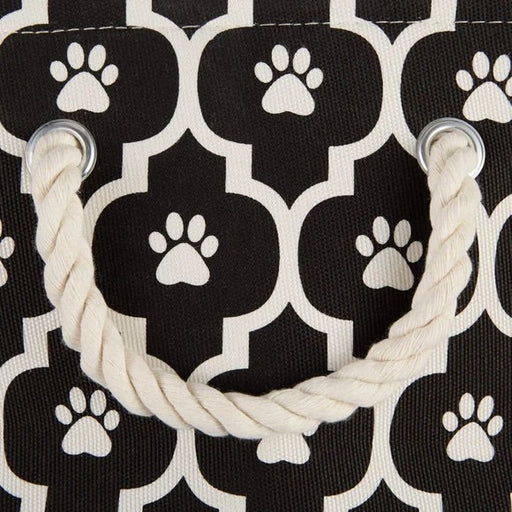 Bone Dry Polyester Round Pet Bin Size Small in Black with Lattice Paw Design  