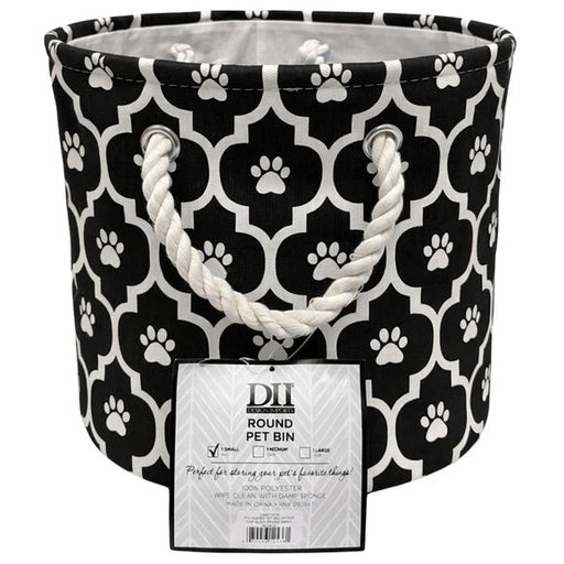 Bone Dry Polyester Round Pet Bin Size Small in Black with Lattice Paw Design  