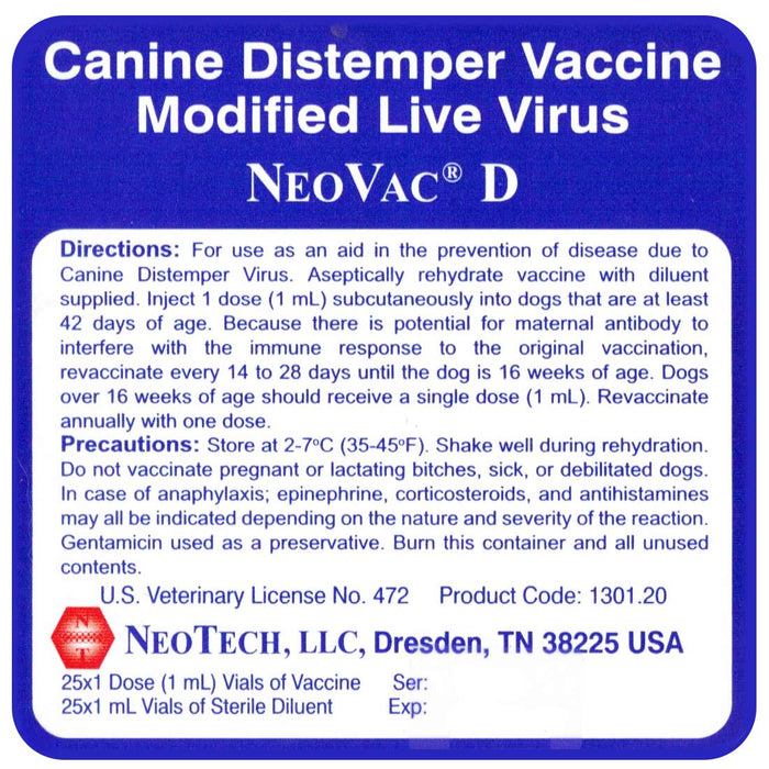 NeoVac D Dog Vaccine (25 x 1ml) - NEO1 - 1ml - 25ct - 2