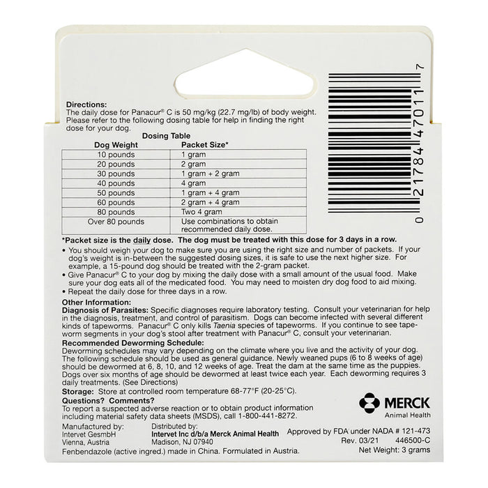 Panacur C Canine Dewormer (Fenbendazole Granules) - 016ITV02-1 - 1 g - Single Box - 3