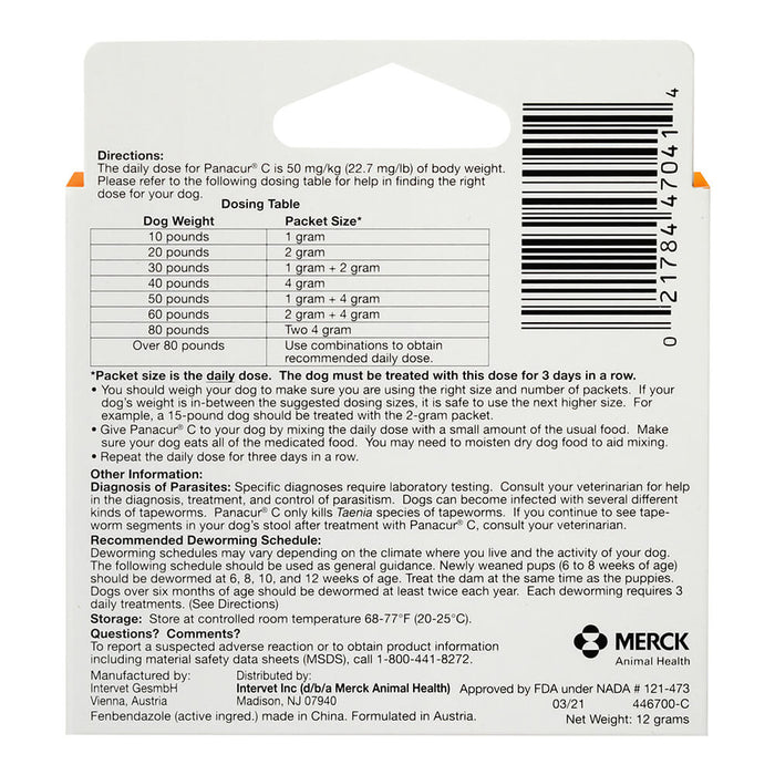 Panacur C Canine Dewormer (Fenbendazole Granules) - 016ITV02-4 - 4 g - Single Box - 12