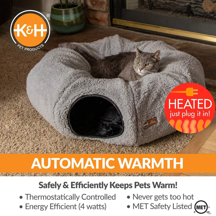 K&H Pet Products Thermo-Kitty Heated Cat Tunnel Bed Gray 28 X 28 X 9 Inches (4C FFP) Color Grey