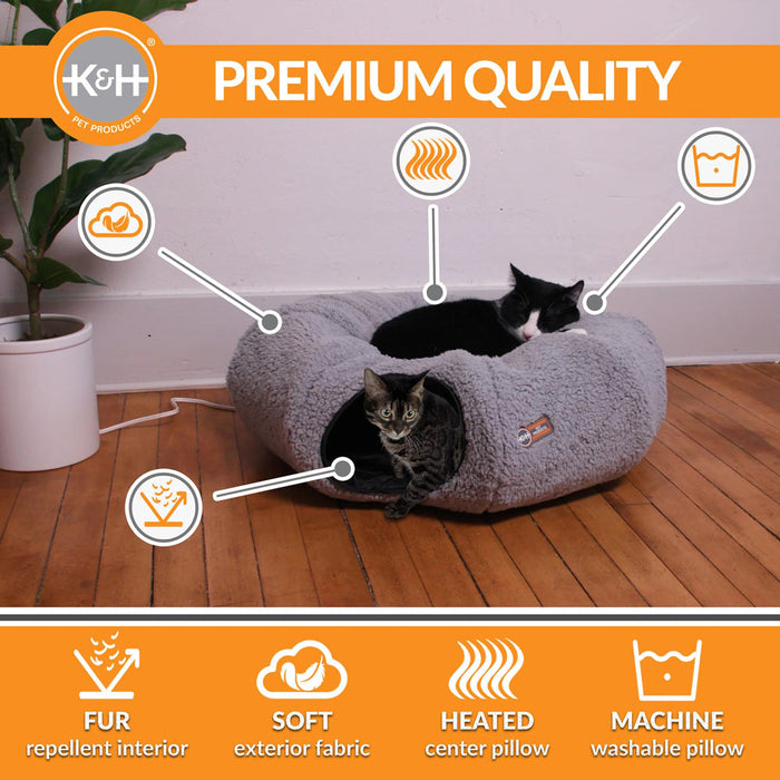 K&H Pet Products Thermo-Kitty Heated Cat Tunnel Bed Gray 28 X 28 X 9 Inches (4C FFP) Color Grey