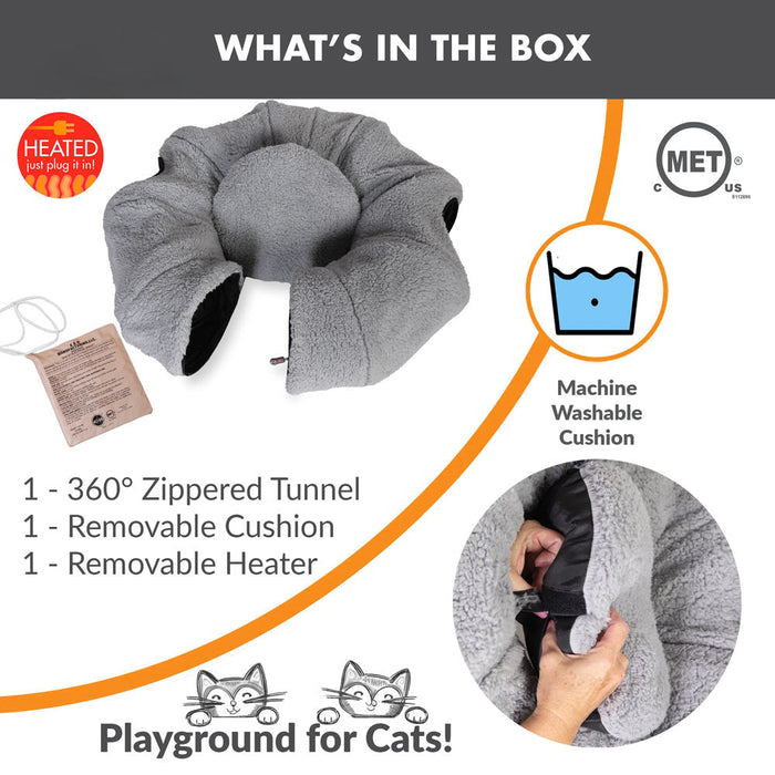 K&H Pet Products Thermo-Kitty Heated Cat Tunnel Bed Gray 28 X 28 X 9 Inches (4C FFP) Color Grey