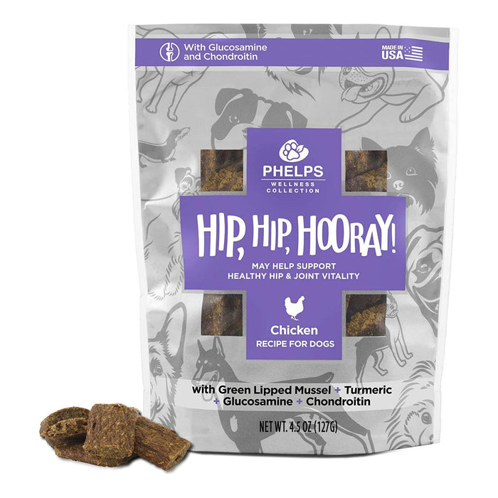 Phelps Wellness Functional Dog Chew Supplements – Calming, Digestive, Skin & Coat, Hip & Joint, Sensitive Stomach & Brain Support Treats, 4.5 oz - PH3AD - Hip Hip Hooray! Joint Health - Chicken - 4.5 oz - 14