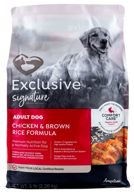 Exclusive Signature Adult Chicken & Brown Rice Dry Dog Food 5 lb bag front packaging - Jeffers - Dog Supplies > Dog Food > Dry Dog Food