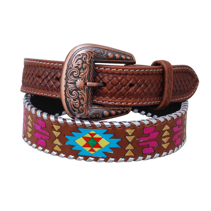 Rafter T Women's Painted Aztec & Silver Stitch Leather Belt - RTRGR - Small - 2