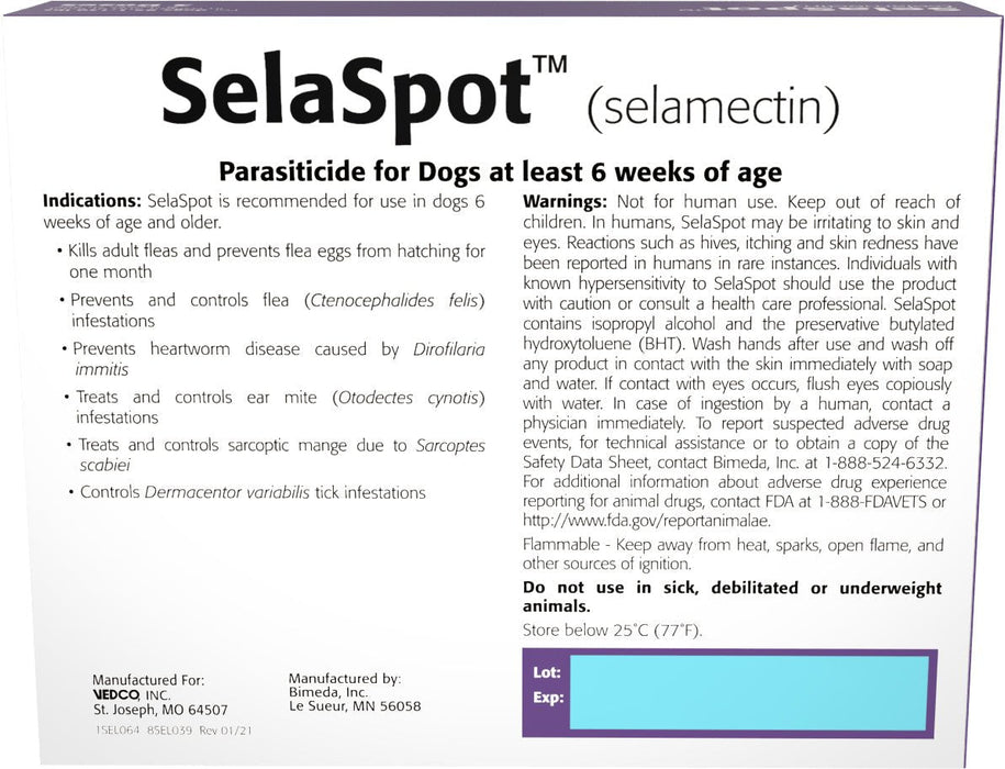 Rx SelaSpot (selamectin) Once - A - Month Flea & Heartworm Topical Solution for Dogs - 012VED-24995 - 85.1 - 130 lbs - 3 Doses - 10