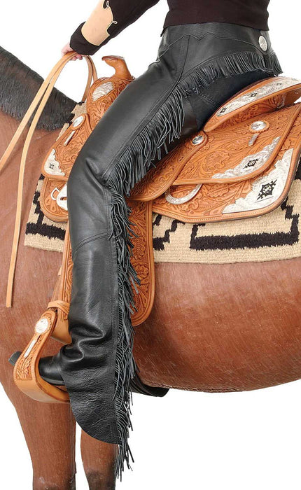 Smooth Leather Chaps with Fringe - JTIAGB - XSmall - Black - 2
