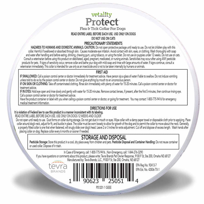 Vetality Protect Flea & Tick Collar for Small Dogs & Puppies Size 15" small
