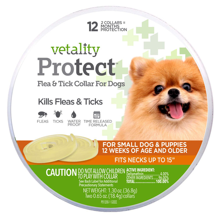 Vetality Protect Flea & Tick Collar for Dogs, 2 Pack - TVB3G - Small - Fits Necks Up to 15" - 2 ct - 1